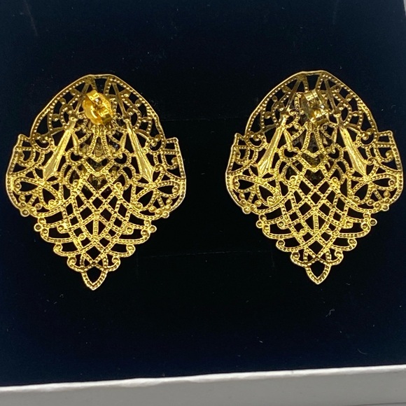 Vintage Filigree Brass Gold Plated Opal Earrings - Picture 7 of 10